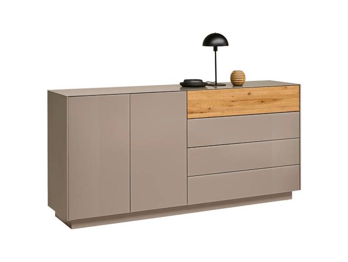 Novel Sideboard, Taupe, Eiche, Holz, Glas, Eiche, massiv, 2 Fächer, 3 Schublade(n) Schubladen, 189x90x42 cm, stehend, Abdeckplatte aus Glas, spiegelbildliche Montage möglich, Holzmöbel, Kleinmöbel Holz, Holzkommoden, Sideboards Holz