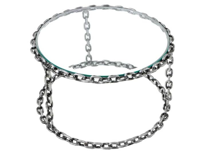 Table basse ronde FORGIA 63 cm en verre trempé et structure chaînes métalliques argentées