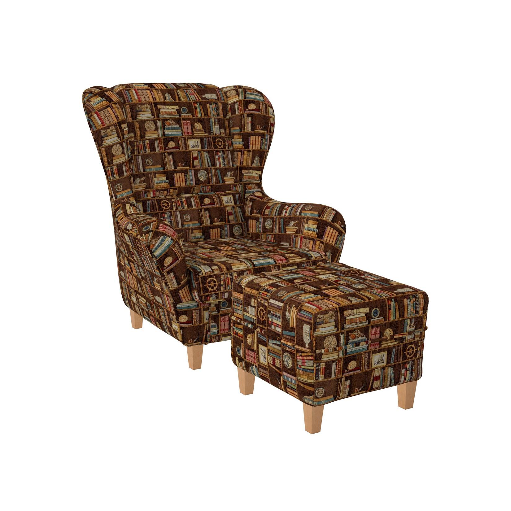 Supellex Sofia Ohrensessel mit Hocker Design Bibliothek, Bücherregal in Walnuss