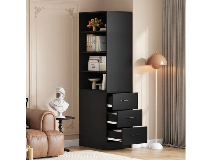 Bibliothèque Haute Noire 4 Étagères Colonne De Rangement FloraGrace Pour Salon Ou Bureau 3 Tiroirs Latéraux 60x38x180cm