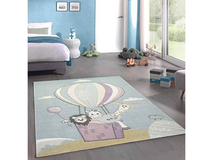 CARPETIA Kinderteppich Kinderzimmerteppich Babyteppich Jungen Heißluftballon Tiere blau Größe 200 x 290 cm