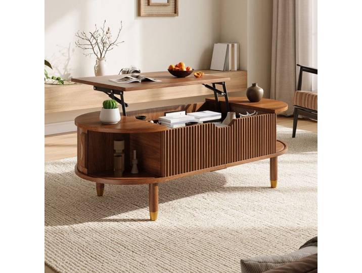 Piaenon - Table Basse Ovale 110x48x57cm avec 2 Portes Relevable 40kg Design Moderne Salon - Noyer