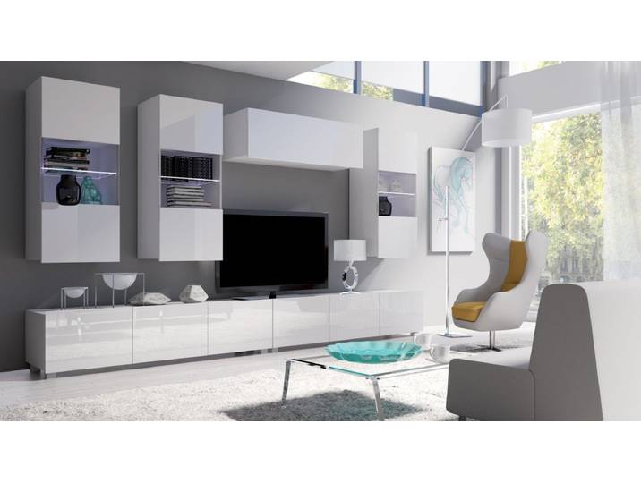 Designer Wohnwand Ricardo mit LED - Weiß-Weiß - Luxusbetten24