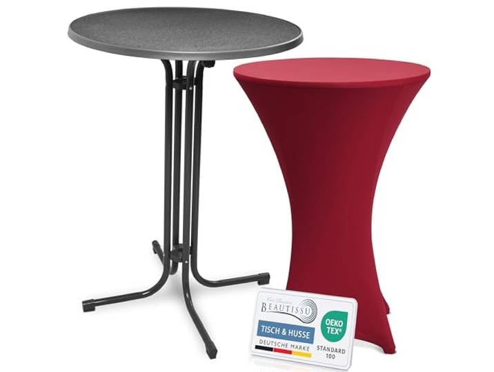 Beautissu Stehtisch klappbar 80cm mit Stretchhusse Outdoor Bistrotisch Grau Bordeaux rutschfest waschbar und bügelfrei kratzfest wetterfest Hussen Klappbarer Partytisch Bellini & Stella