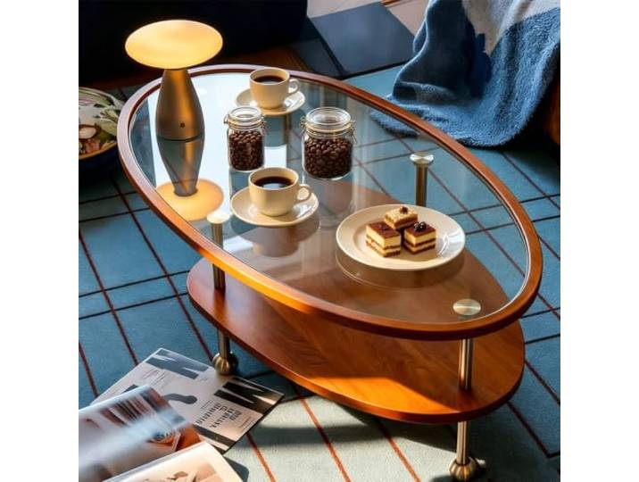EBOYNSowAprr Ovaler gläserner Couchtisch für Wohnzimmer Zweistöckiger moderner Mitteltisch mit Massivholzablage, Minimalistisches Mid-Century Design(Walnut,43.3x23.6x16.1 in)