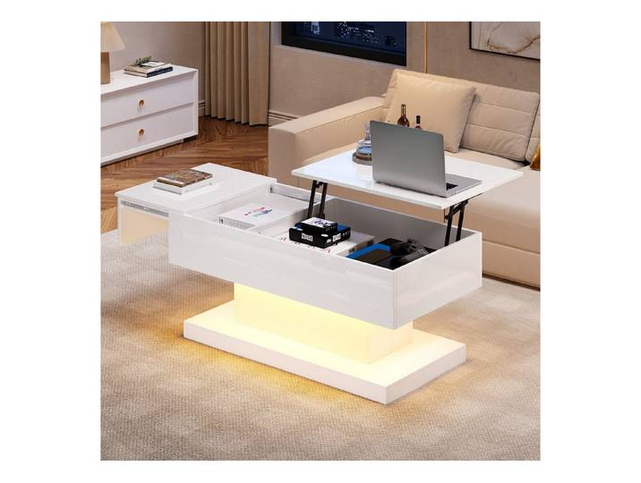 MODFU Couchtisch mit LED-Beleuchtung (Hochglanz-Lift-Teetisch, 1-St., mit LED-Beleuchtung), mit hydraulischer Lift und Stauraum