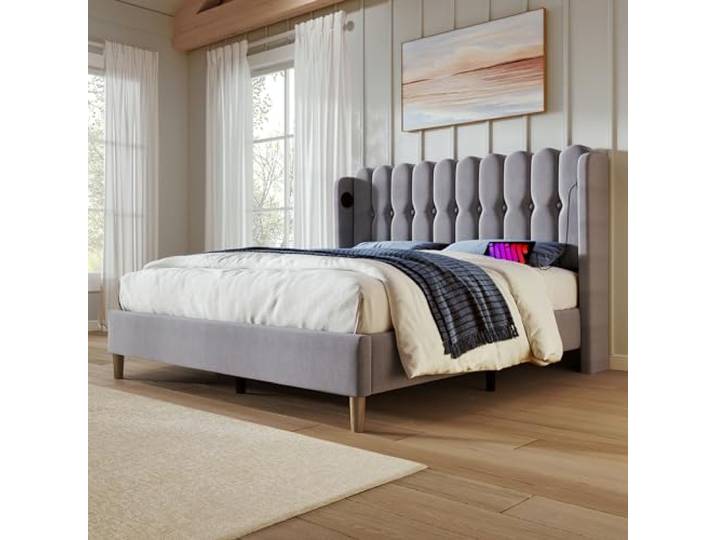 Merax Polsterbett 140x200cm, Bettgestell Doppelbett mit Lattenrost, Design Kopfteil, USB Typ C Ladefunktion, Gepolstertes Bett, Bettrahmen Jugendbett für Schlafzimmer Gästezimmer, Leinen, Grau