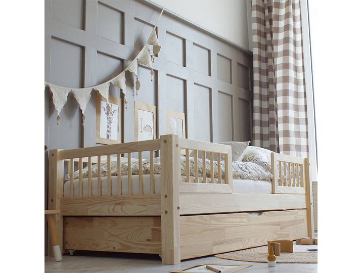 Lit 90x190 barrières sommier et tiroir inclus Adèle Bois
