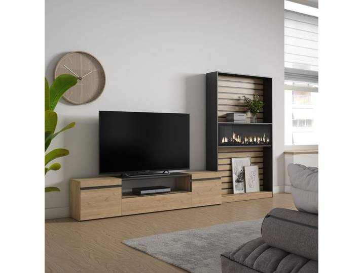 Ensemble tv effet bois de chêne noir 310x35x186cm cheminée effet feu
