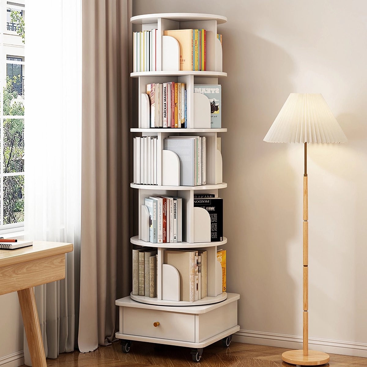 Pugsdrly 6-laags draaibare ronde boekenkast met wieltjes en lade, wit