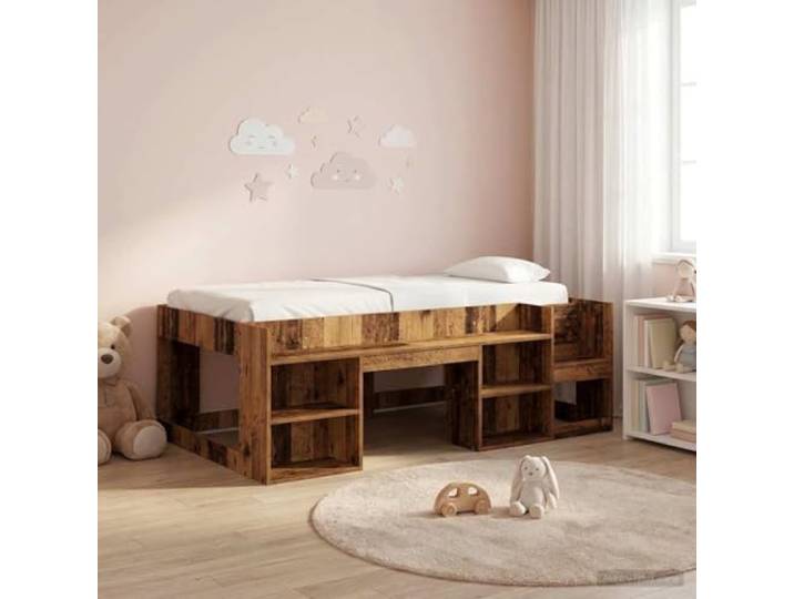 RJPLMFV Bettgestell für Kinder, mit Aufbewahrung, Antikholz Integrierte Regale, feste Lamellen, langlebiges Holz, modernes Design, einfache Montage