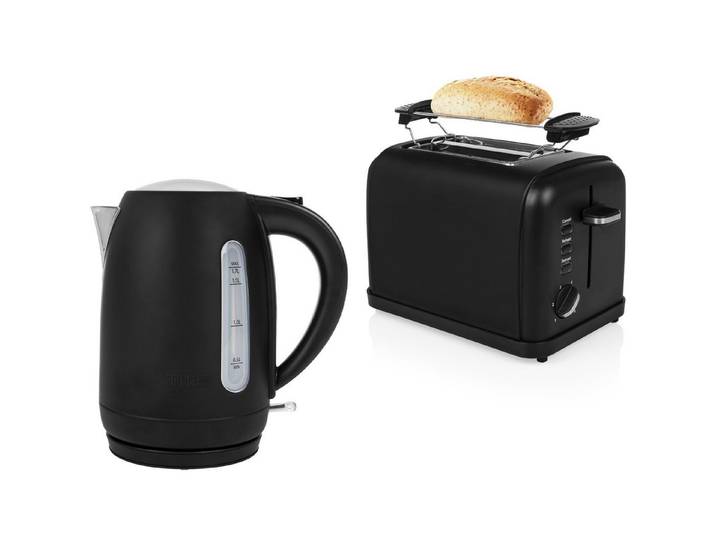 PRINCESS Frühstücks-Set (2-tlg), Frühstück-SET Design Edelstahl Schwarz, Toaster & 1,7L Wasserkocher