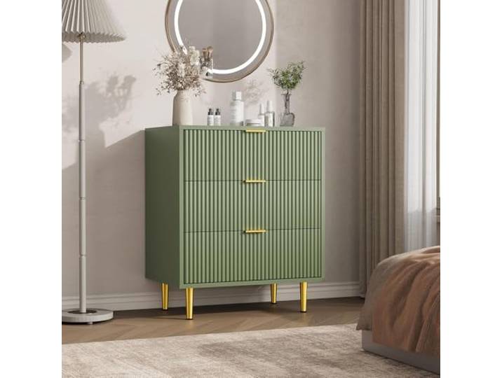 GarveeLife Schmale Kommode Wellenfront 3 Schubladen Avocadogrün Goldene Griffe und Metallfüße setzen stilvolle Akzente für Schlafzimmer, Wohnzimmer und Flur