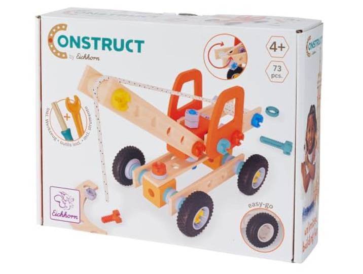 Eichhorn Construct Kranwagen - 72-teiliges Konstruktionsspielzeug mit drehbaren Rädern und beweglichem Kranarm zur Förderung von Technikverständnis und Motorik, FSC-zertifiziertes Holz, ab 3 Jahren