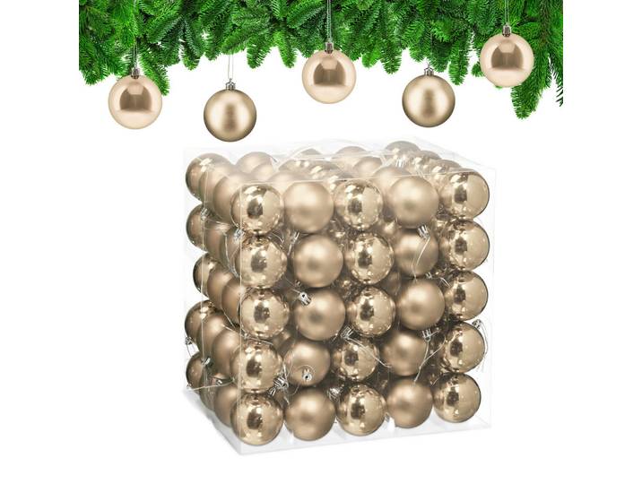 Relaxdays Christbaumkugeln Champagner 100er-Set, Creme, Kunststoff, 6x7x6 cm, Dekoration, Weihnachtsdekoration, Christbaumschmuck