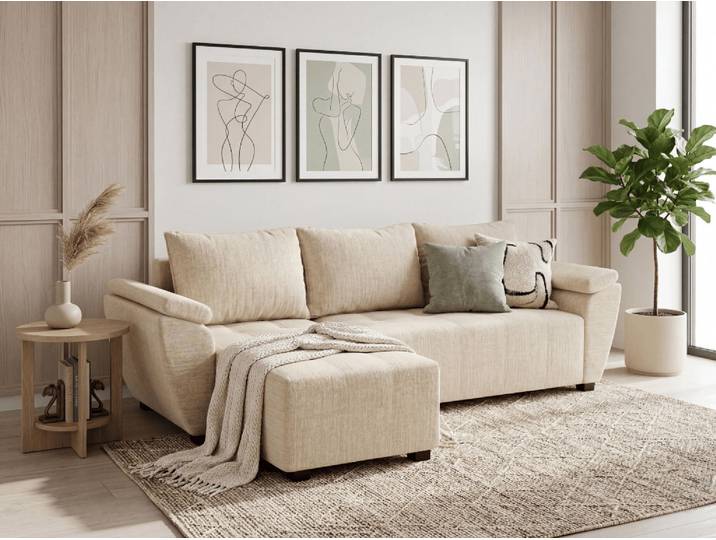 AKTION Ausziehbares beidseitiges Ecksofa in L-Form LIVARO 251x140 cm, cremefarben II. Wahl