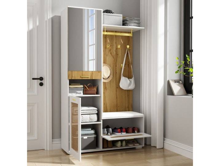 Ensemble dressing mural avec miroir 5 patères dorées meuble à chaussures porte-manteau rangement banc éclairage LED