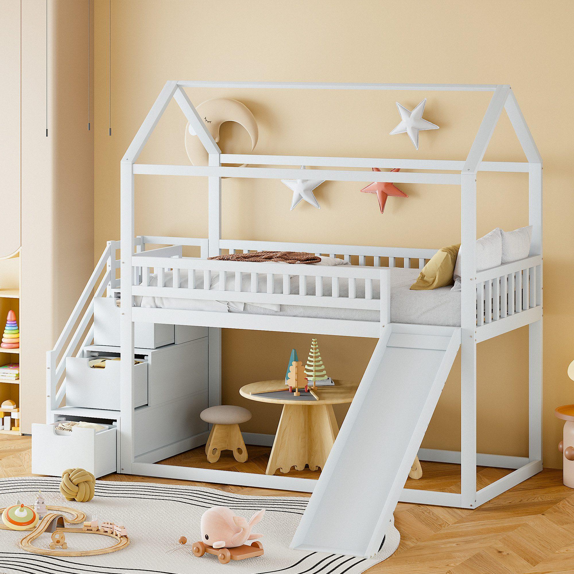 Odikalo Kinderbett Kinderetagenbett 90*200cm, mit Rutsche und Stauraumleiter, weiss