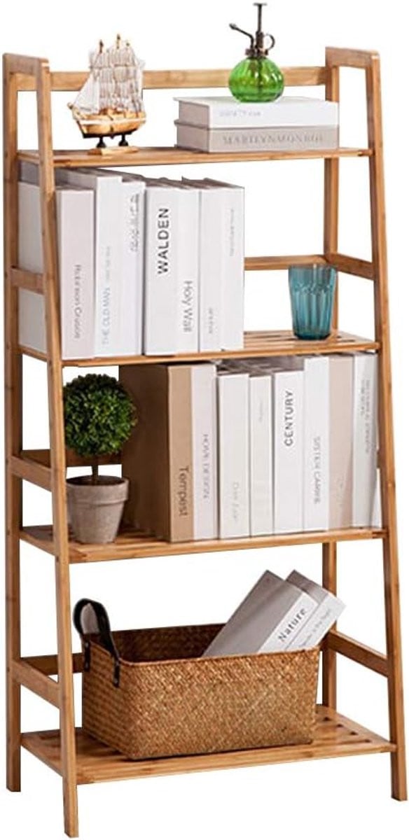 Multifunctioneel 4-traps ladderplank opbergrek van duurzaam bamboe in teak