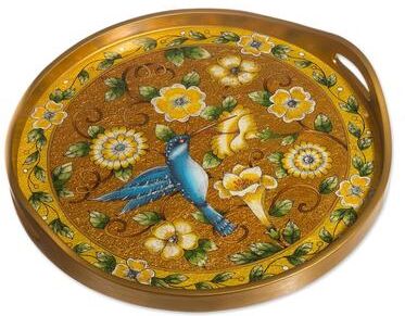 Novica Handmade Highland Hummingbird In Gold Reverse-Painted Glass Tray
