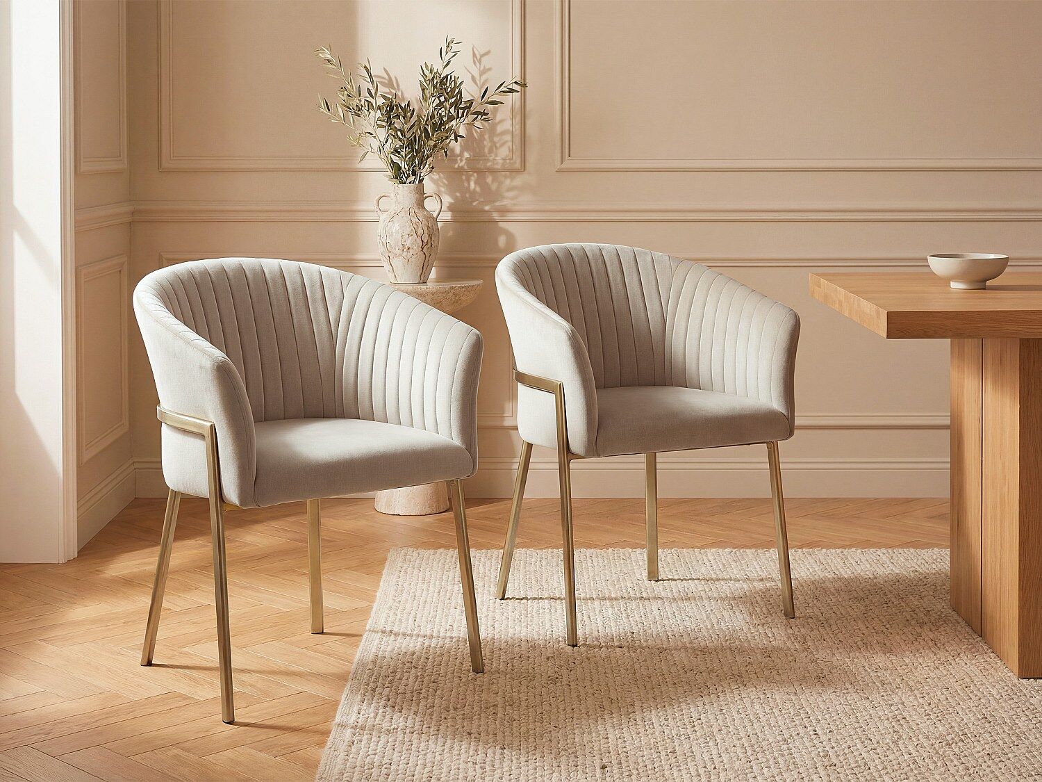 Unique Conjunto de 2 sillas con reposabrazos de terciopelo y metal dorado - Beige - ZAOVA