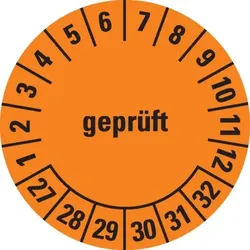 Dreifke® Prüfplakette geprüft 27-32,orange,Dokumentenfolie,selbstklebend,Ø30mm,108/Heft