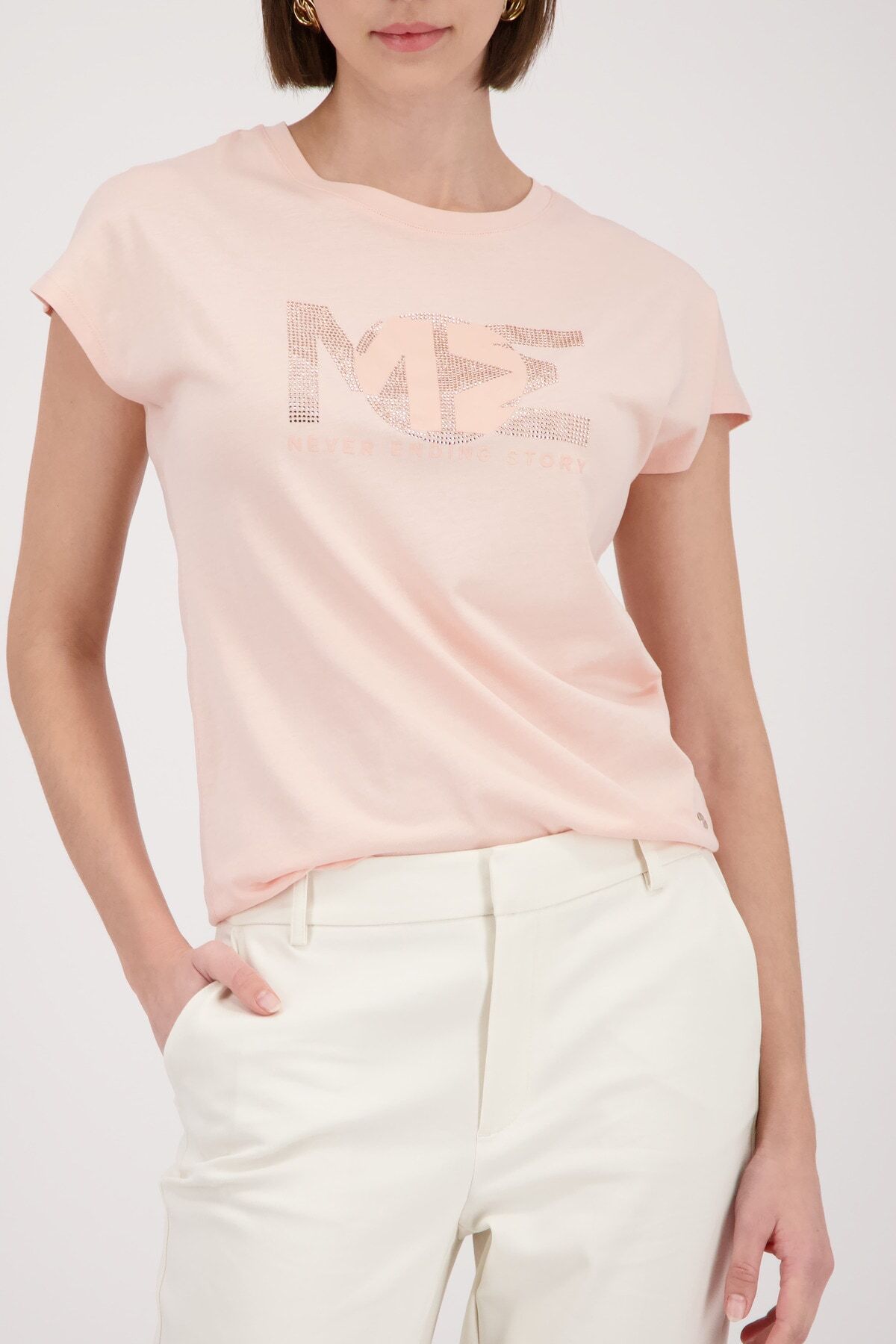 T-Shirt MONARI "Shirt Basic Schmuck", Damen, Gr. 44, hellorange, Web, Obermaterial: 50% Baumwolle, 50% Modal, unifarben, regular fit taillenbedeckt, Rundhals, eingesetzt abgesteppte Kante, Shirts T-Shirt, Regular fit mit Strasssteinen hellorange 44