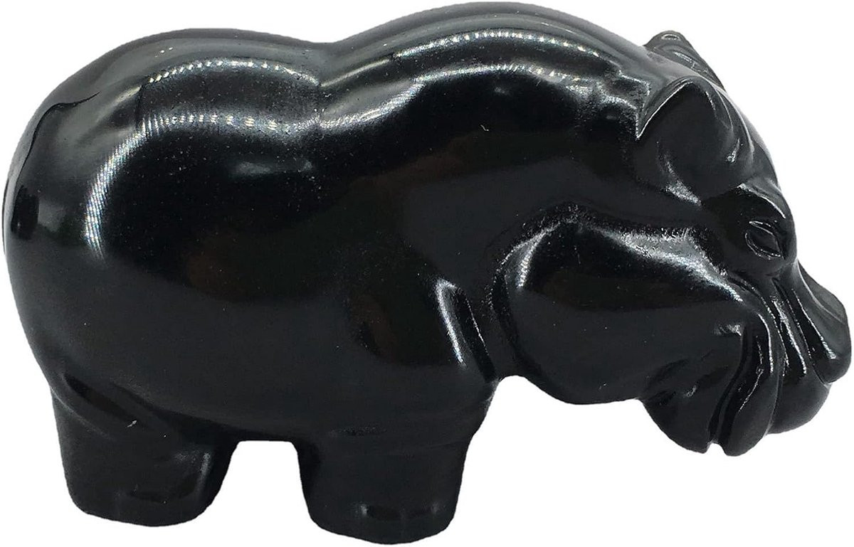 Obsidiaan Hippopotamus Beeldje - Handgesneden Natuursteen - Zwart - 150 g