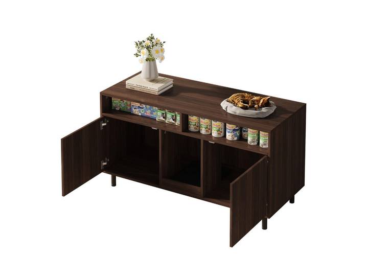Evryae Sideboard Katzenklo Sideboard mit Doppel Tür Konzept und Streu Fangmatte, MDF Mehrzonen Stauraum, Walnussfarben, Rechteckig,Rechteckig, Rundrohr, 120x66x50 cm, Kleinmöbel, Kommoden, Sideboards