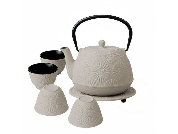 Aromelio Gusseisenkanne Koga 1200 ml mit Tassen und Untersetzer, Grau, Metall, Geschirr, Kannen & Karaffen, Teekannen
