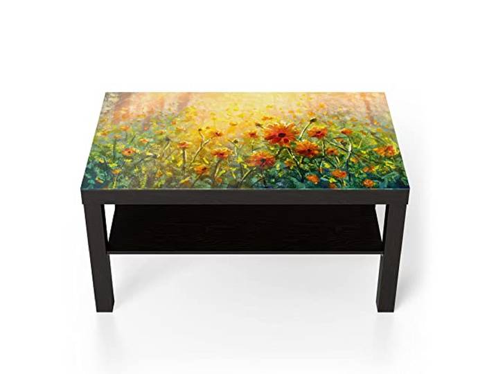 DEQORI Glastisch schwarz groß 90x50 cm Motiv Blumenwiese im Monet-Stil ausgefallener Beistelltisch aus Glas Hochglanz Couchtisch fürs Wohnzimmer moderner Couch Tisch mit Design