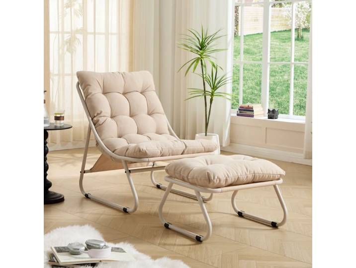 Fauteuil de Jardin Relax avec Repose-Pieds et Coussin - YEAVIO - en Acier Beige pour Terrasse et Salon