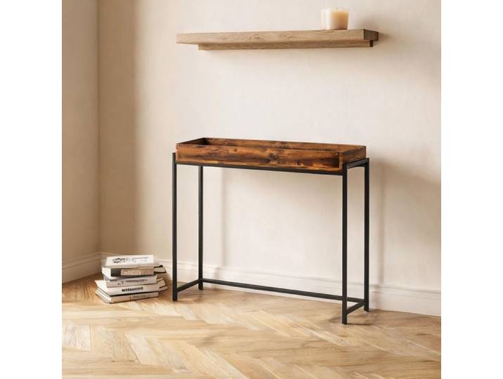 Console murale étroite design épuré structure métallique et plateau mélaminé rich brown 100x30x91 cm