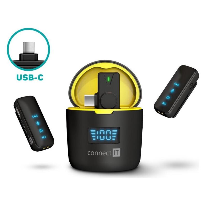 Connect IT Wireless mikrofon ClipMic Pro USB-C (2 ks + receiver) set s nabíjecím pouzdrem ČERNÝ (CMI-1020-BK)