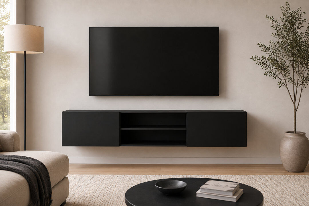 17 Stories Waco 180 cm Wall-Mounted TV Unit with 2 Doors, Manufactured Wood Wood Black 75"