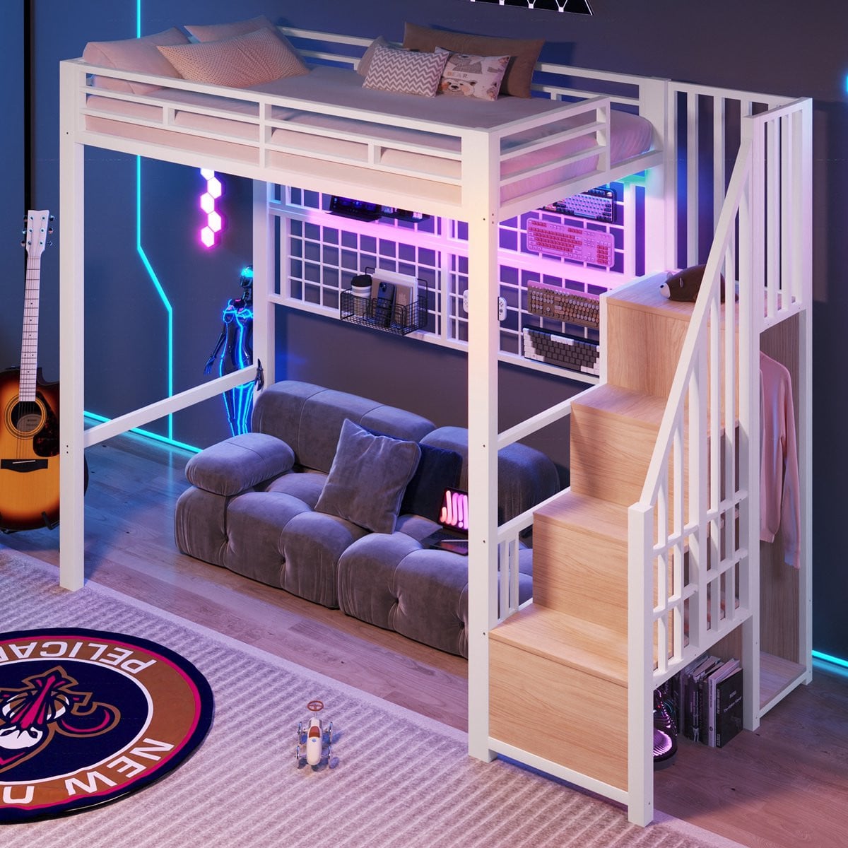 Hoogslaper voor kinderen met kledingkast, opbergtrap, beschermrail en LED-verlichting, wit, 90 x 200 cm
