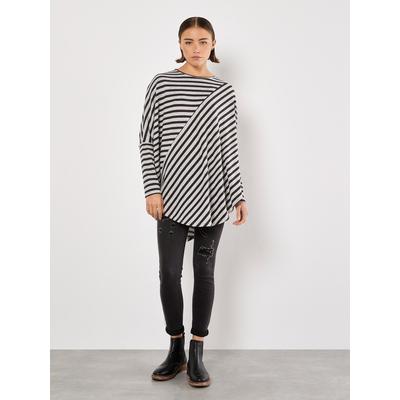 Shirttop APRICOT "gestreiftes Jersey-Top", Damen, Gr. XS (34), grau, Jersey, Obermaterial: 95% Polyester PES. 5% Elasthan EL., gestreift, lang, Rundhals, Tops Shirttop, mit asymmetrischem Saum