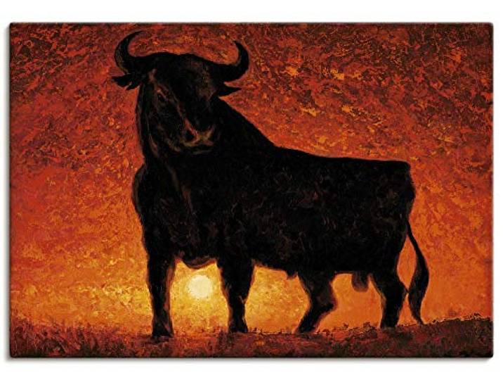 ARTLAND Wanddeko Leinwand Bilder Wandbild Stier Tiere Spanien Stierkampf Katalonien Malerei Modern Rot T4LC