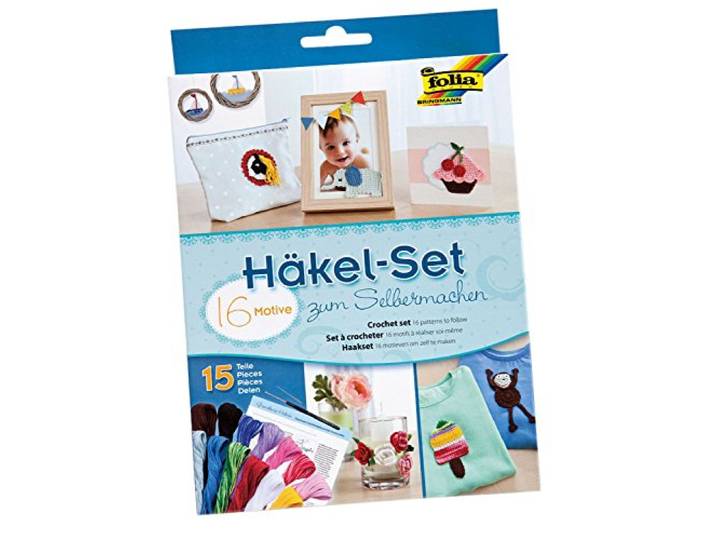 folia 23919 - haakset om zelf te maken, 15-delig, met 16 motieven, haaknaald, borduurnaald en katoengaren