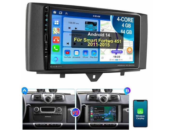 ESSGOO Für Smart Fortwo 451 2011-2015 Android Auto USB Carplay Autoradio (RDS, 4+64GB optional, Digitalradio (DAB), FM, Carplay Android Auto GPS RDS SWC EQ)