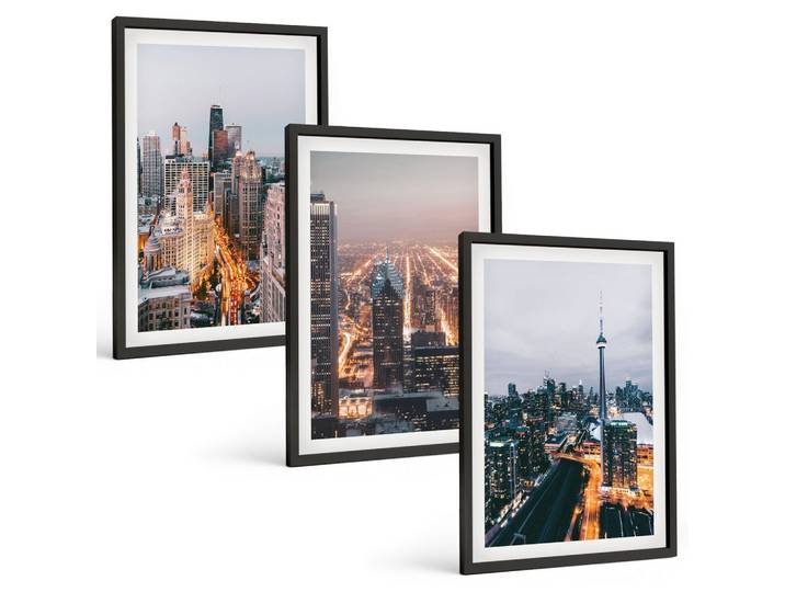 BILDER SET 3er Set - 40x60 cm Schwarzer Rahmen - Städte bei Nacht, Wolkenkratzer, Lichter