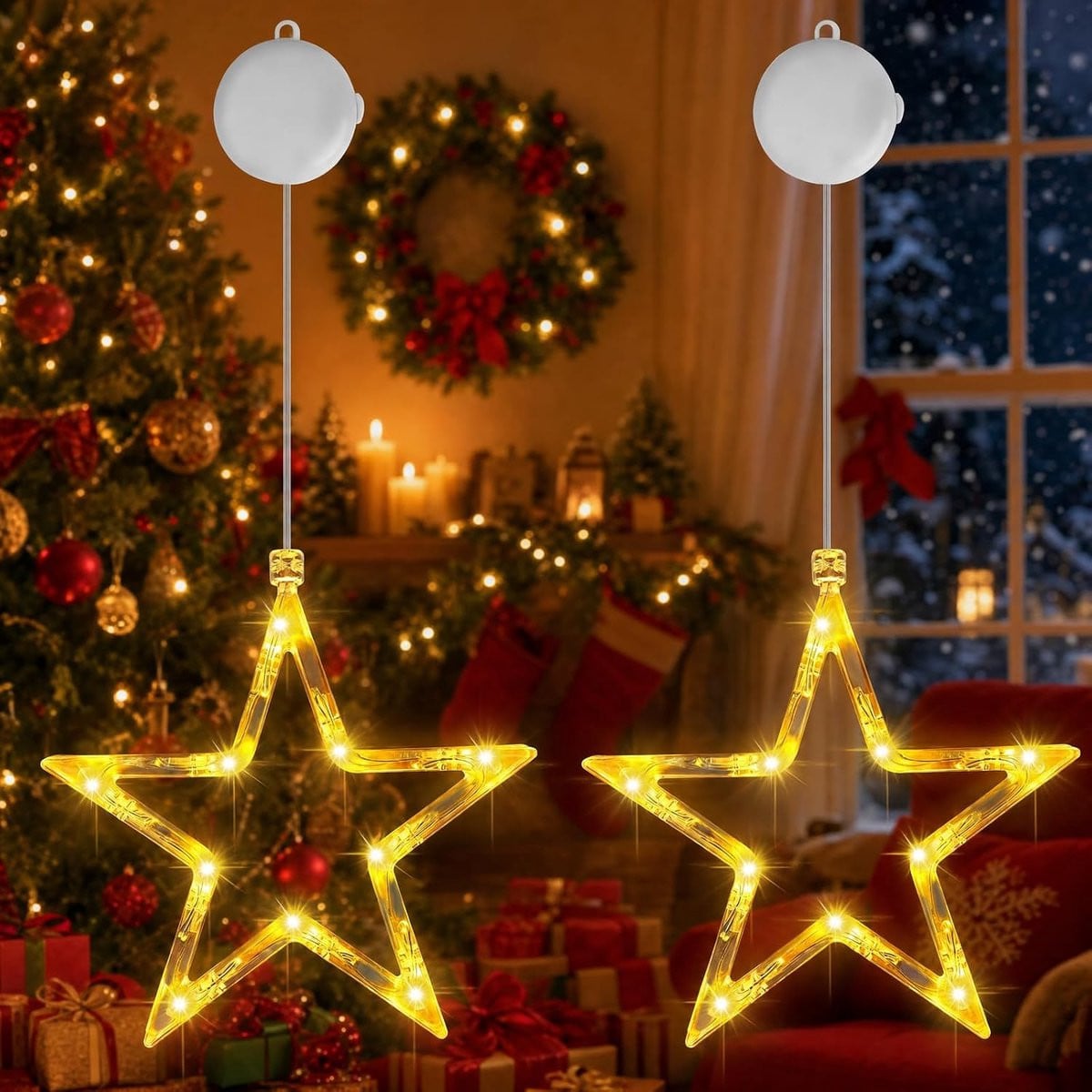 Mepham Led-lichtgordijn met sterren, warmwit, kerstverlichting voor binnen met timerfunctie en zuignappen