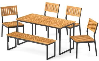 Costway 6 Pieces Outdoor Acacia Wood Dining Set with Bench and 2 Inches Umbrella Hole