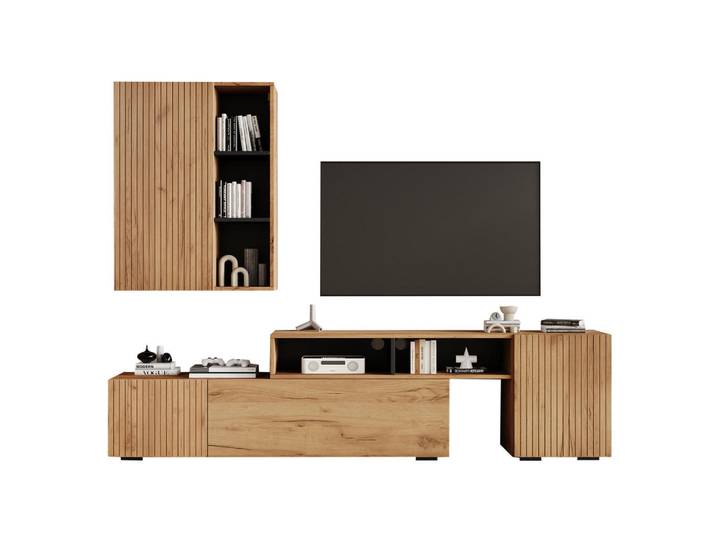 Flieks Wohnwand Vitrine TV-Board Regal Holz Schwarz 265cm, Eichefarben, 174x53.5x35 cm, Wohnzimmer, Wohnwände