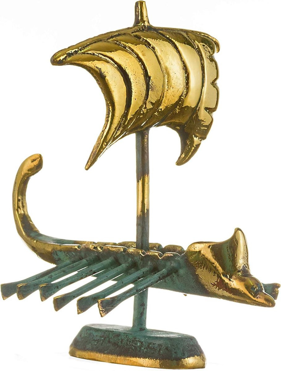Handgemaakt Grieks beeldje van een antiek schip, Groen Goud, Hoogte: 17,5 cm