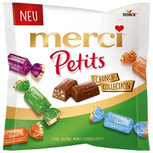 Merci Minischokolade Petits Crunch Collection, gefüllte Schokoladenspezialitäten, 4 Sorten, 18 Stück, 125 g