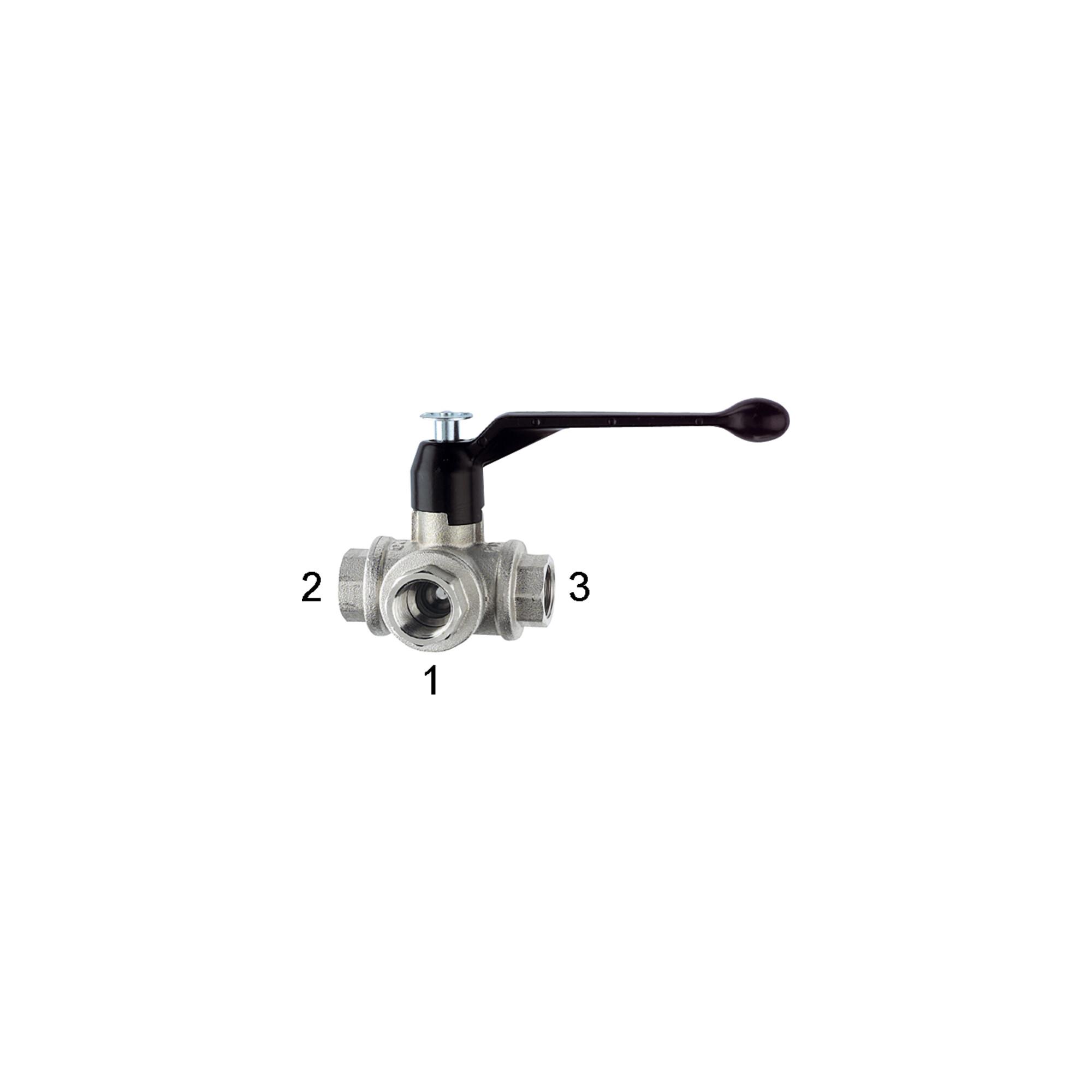 Riegler 3-Wege-Kugelhahn, T-Bohrung, Messing vernickelt, Rp 3/8, DN 10 (1084 B)