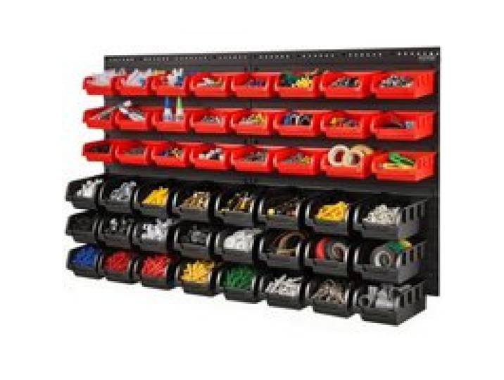 VEVOR Stapelboxen, 48-Behälter-Teileregal-Organizer für Garage, Kunststoff-Ladenwerkzeug mit Wandpaneelen, Werkzeug-Organizer für Muttern, Bolzen, Schrauben, Nägel, Perlen, Knöpfe, Schwarz und Rot