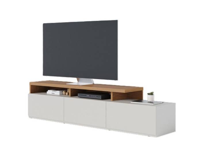 Meuble TV Bar 70 Pouces Chêne et Blanc 3 Portes 6 Niches L 210 H 50.6 P 45.3 cm - L 210 x l 45.3 x H 50.6 cm