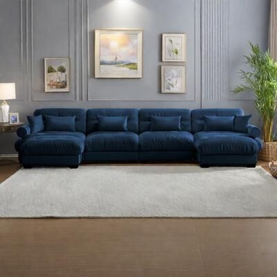 ZWYO HOSIMU "166"" 4-Seat Velvet U-Shaped Sectional Cloud Couch with Movable Ottomans, Bolstered Armrests, and Included Pillows"